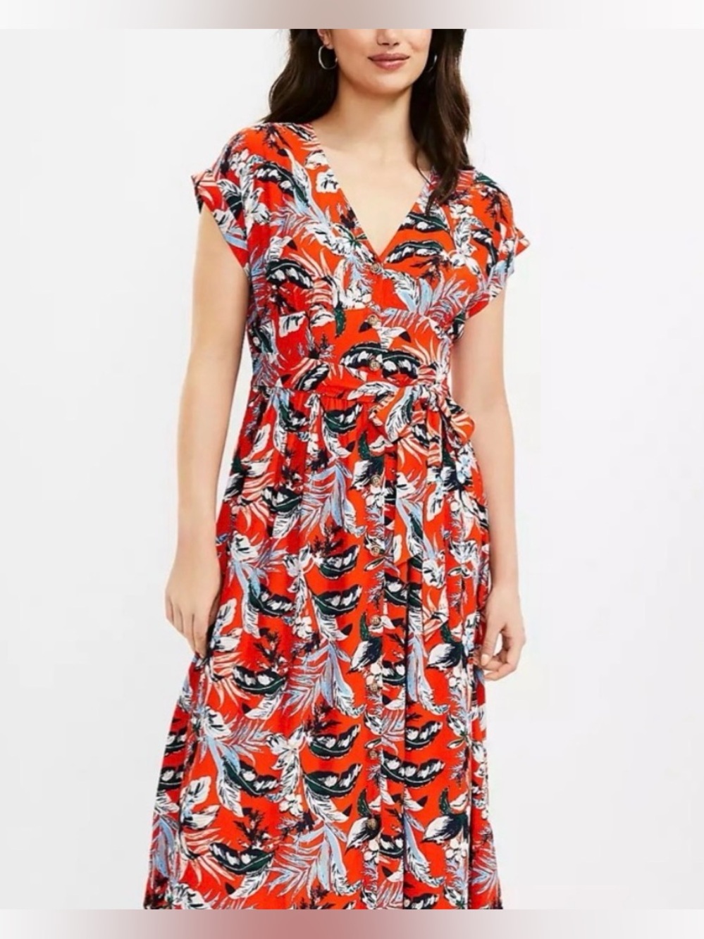 LOFT Women's Size 4 Coral Red Tropical Floral V Neck Button Front Midi Dress